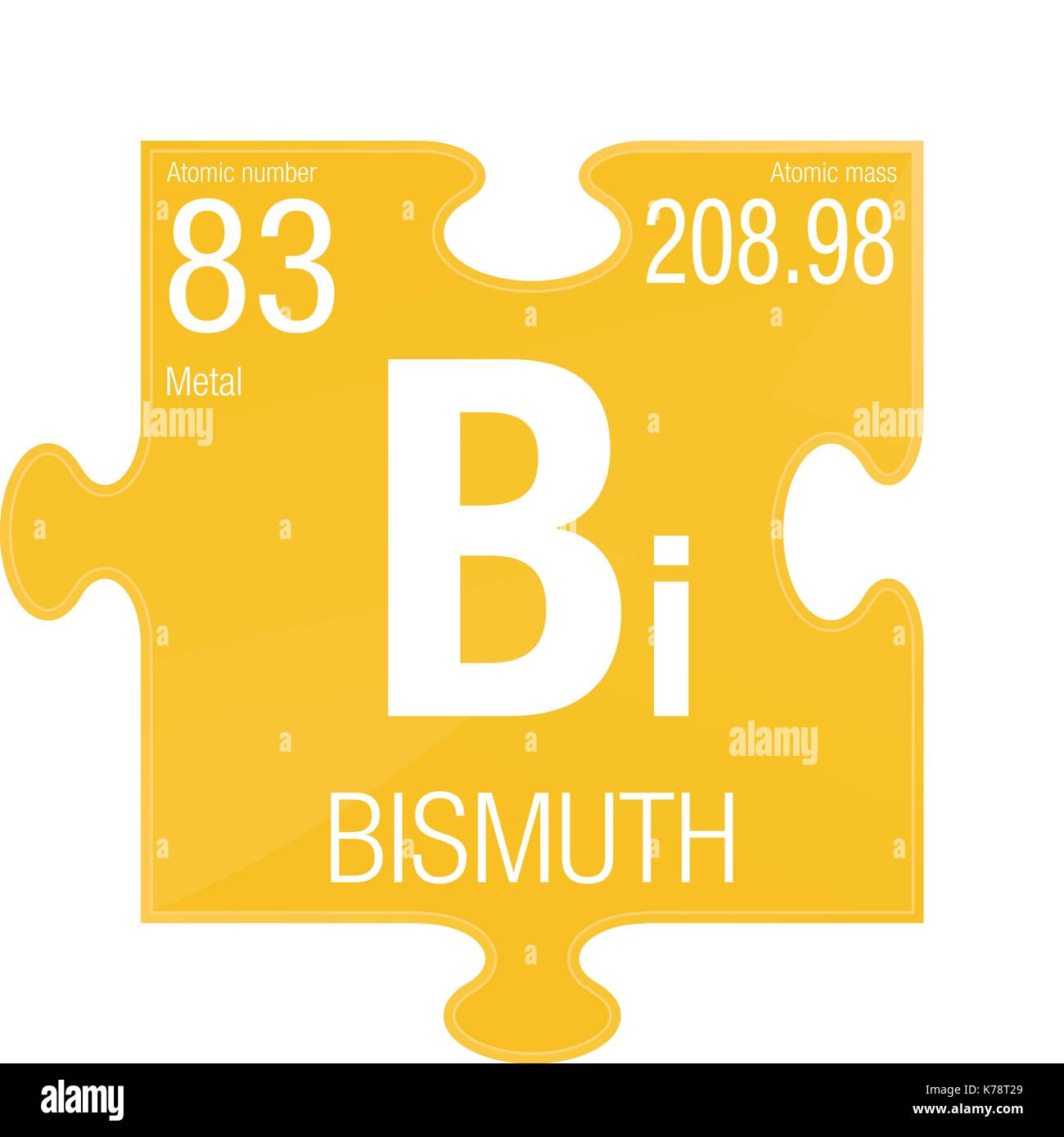 Simbolo di bismuto. Elemento numero 83 della tavola periodica degli elementi - Chimica - pezzo di puzzle con sfondo giallo Illustrazione Vettoriale