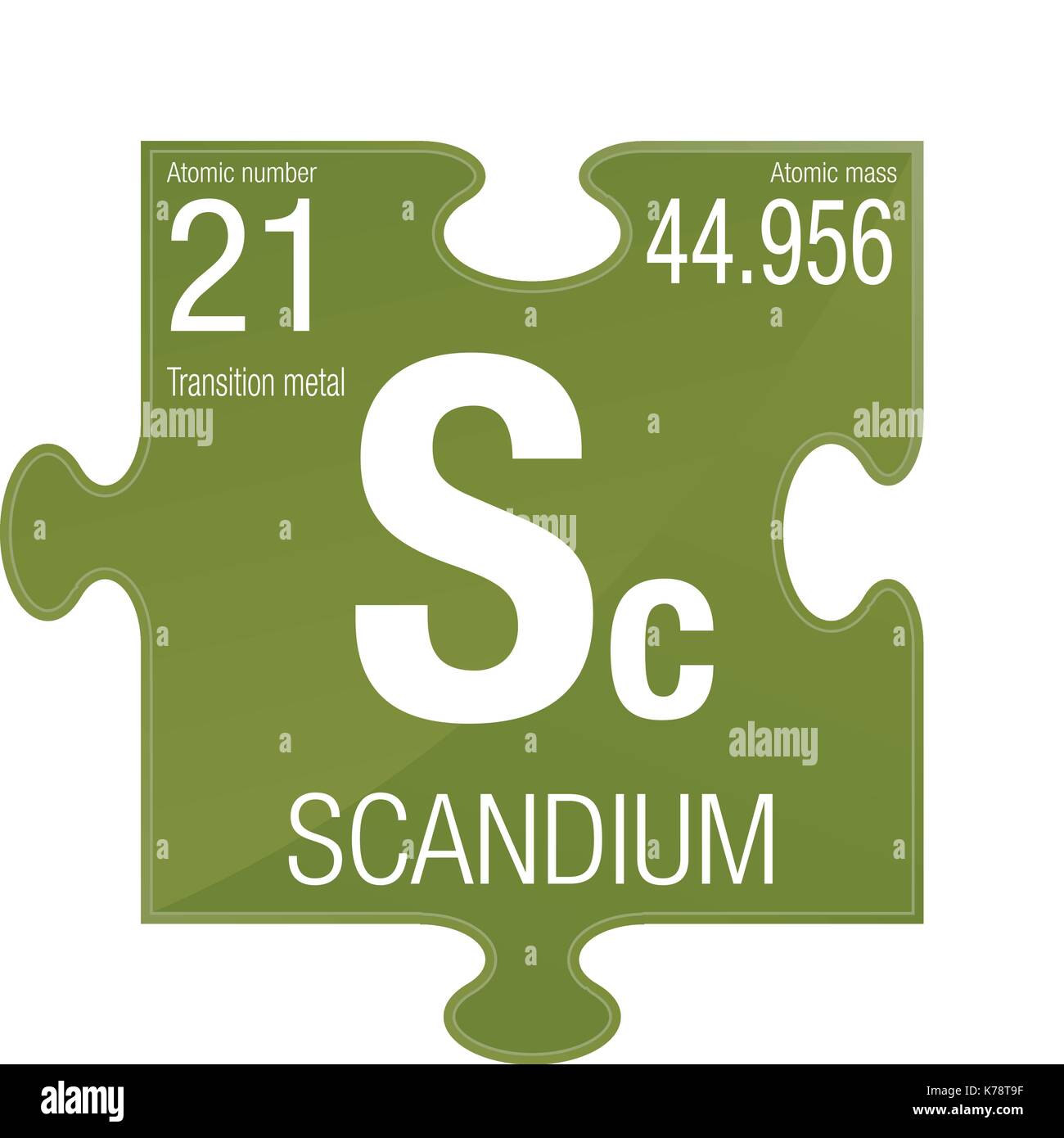Simbolo di scandio. Elemento numero 21 della tavola periodica degli elementi - Chimica - pezzo di puzzle con sfondo verde Illustrazione Vettoriale