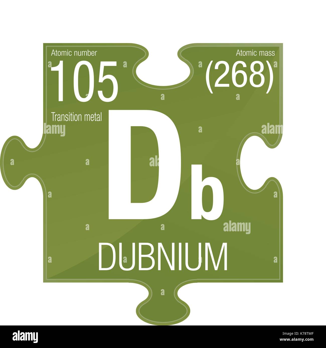 Dubnio simbolo. Elemento numero 105 della tavola periodica degli elementi - Chimica - pezzo di puzzle con sfondo verde Illustrazione Vettoriale