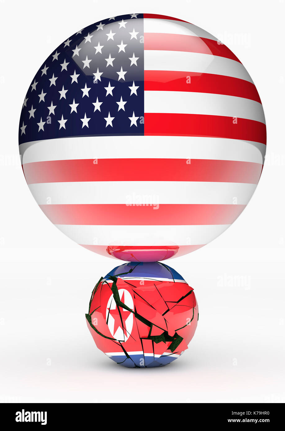 Concetto di bandiera DELLA COREA DEL NORD degli Stati Uniti d'America schiacciata. Bandiera americana dominio mondiale del super potere. Foto Stock