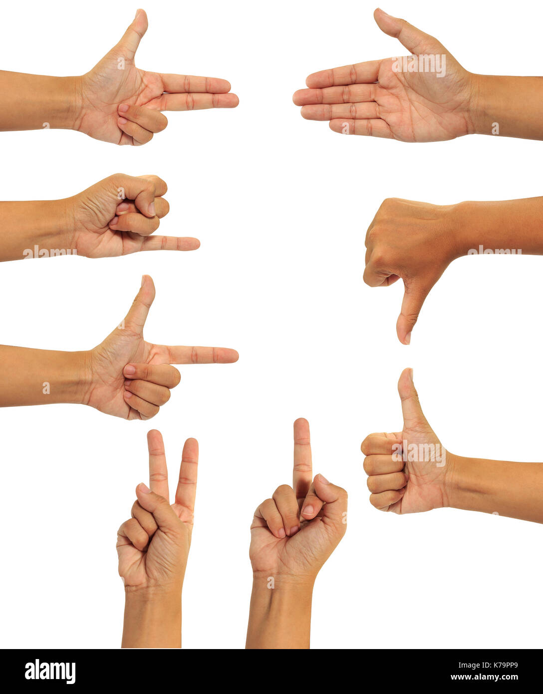 Collage di donna le mani su sfondi bianchi Foto Stock