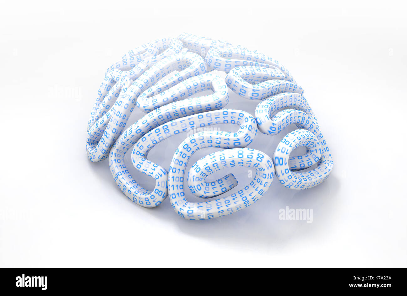 Un cervello stilizzato testurizzato con binari di dati di computer raffigurante il codice di intelligenza artificiale isolato su un sfondo bianco - 3D render Foto Stock
