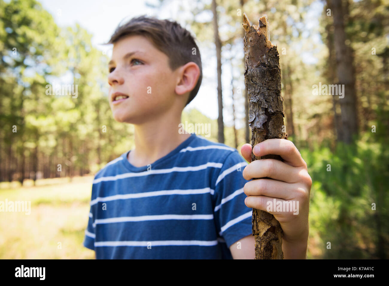 Ragazzo escursioni nei boschi Foto Stock