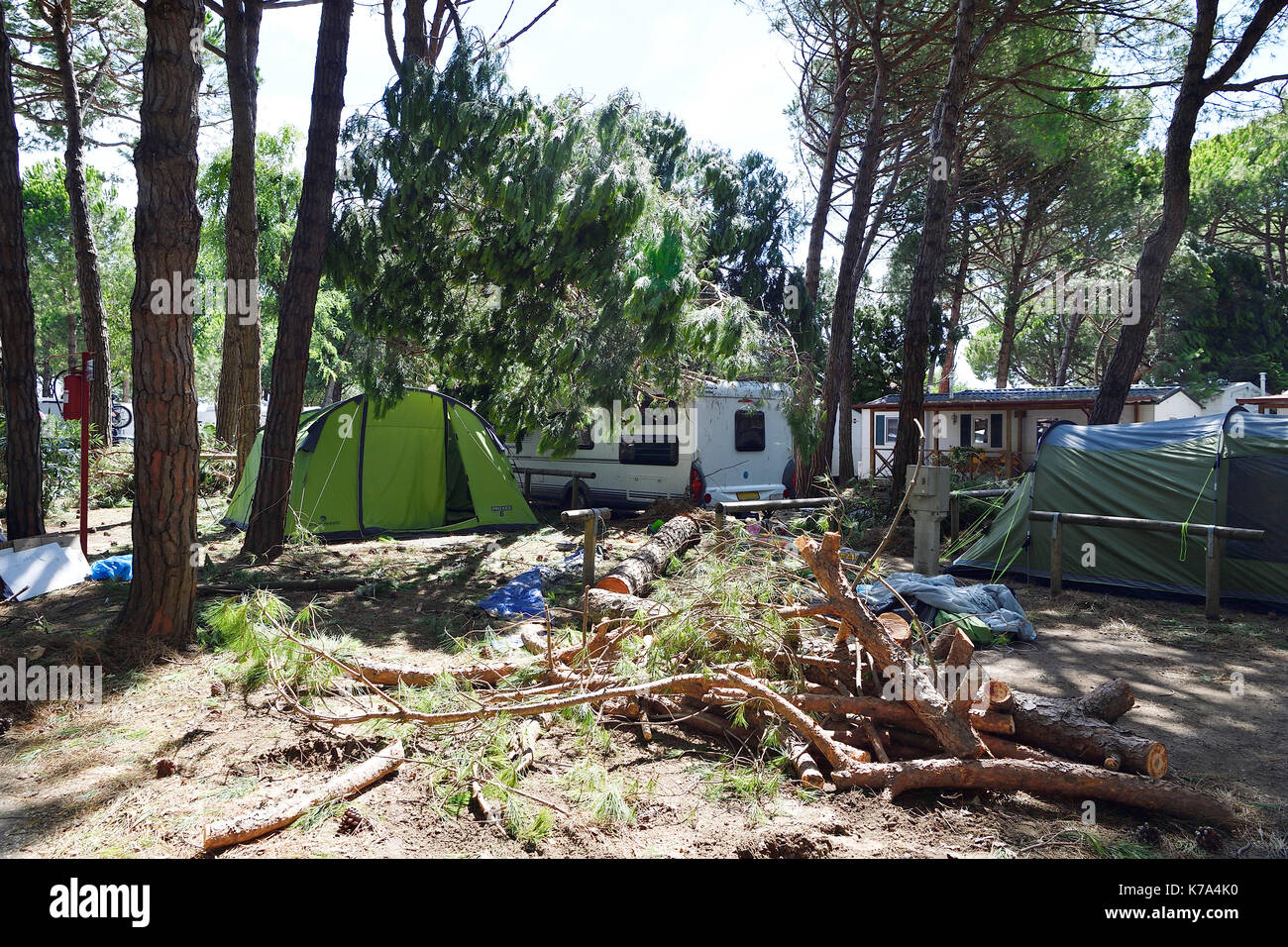 Danni provocati dalla tempesta camping tornado distruggere caravan camper  mobil home campeggio tree cadere verso il basso è rotto Foto stock - Alamy