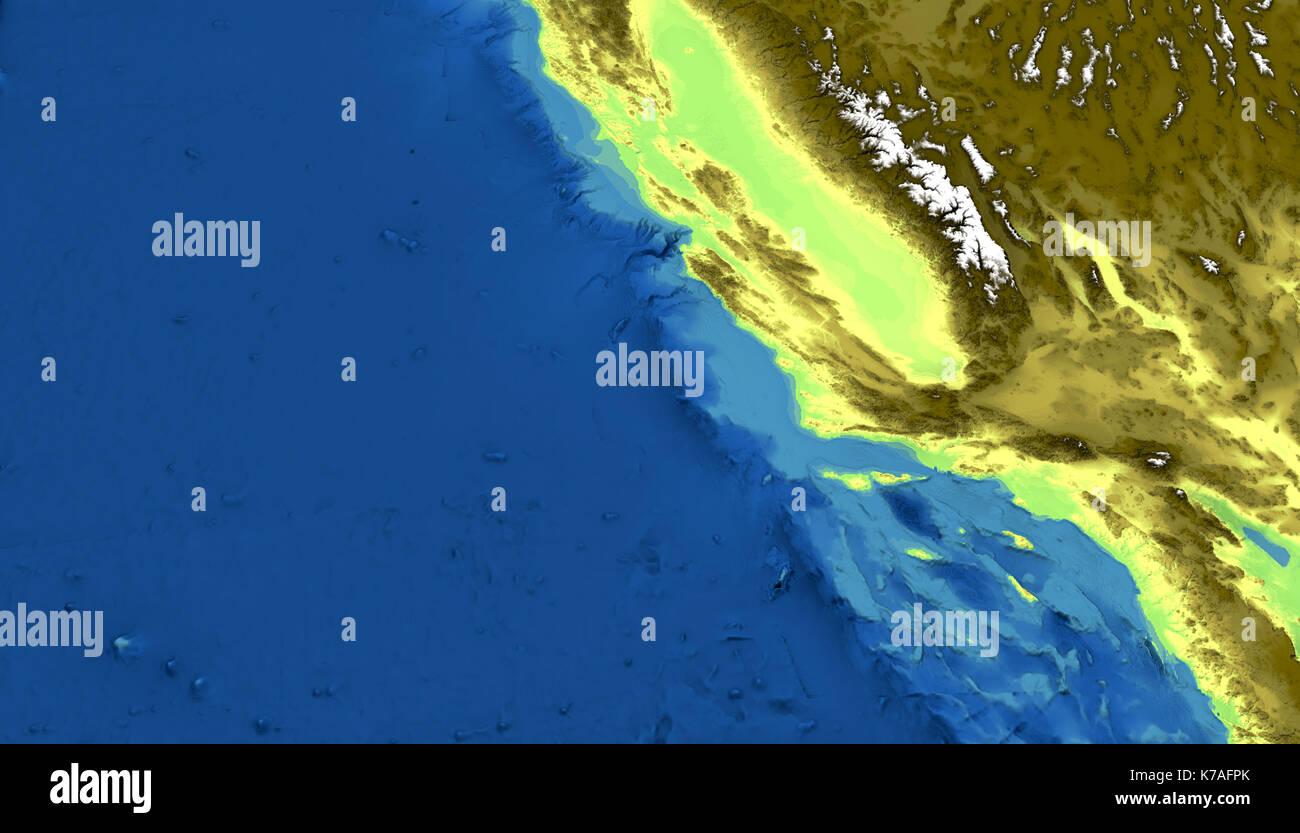 Cartina Fisica della california, san francisco, los angeles, montagne, oceano pacifico e colline, catene montuose e anomalia di sant'andrea. nevada. 3d Arcavacata di Rende Foto Stock