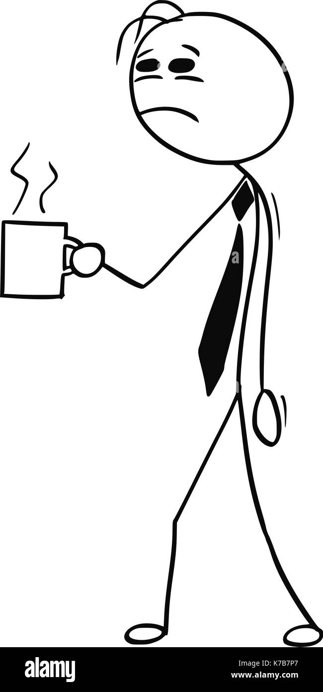 Cartoon stick uomo illustrazione di stanchi business man imprenditore a piedi con tazza tazza di caffè. Illustrazione Vettoriale