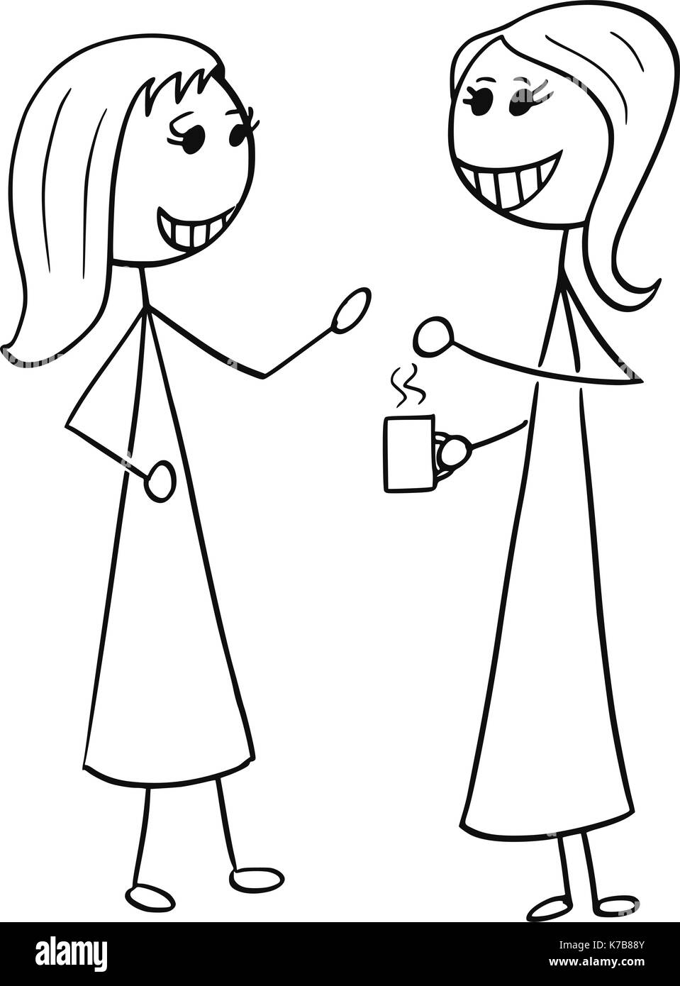 Cartoon stick uomo illustrazione di due donne coppia la gente di affari parlare o chattare. Illustrazione Vettoriale
