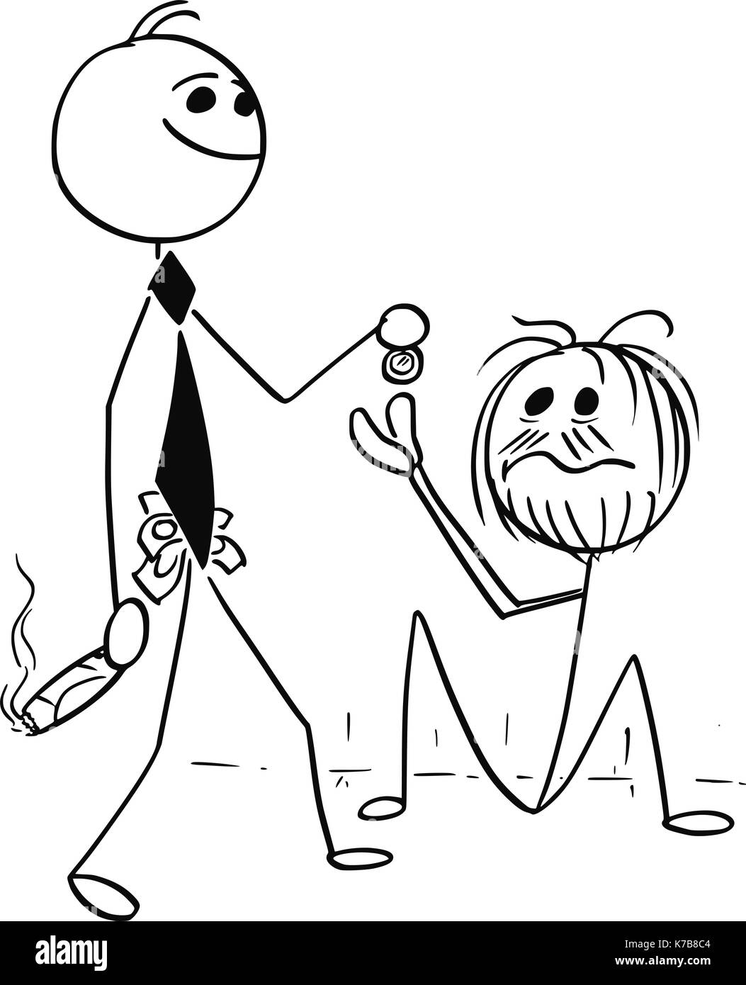 Cartoon stick uomo illustrazione di sorridere ricco uomo d affari imprenditore dare moneta per senzatetto mendicante. Illustrazione Vettoriale