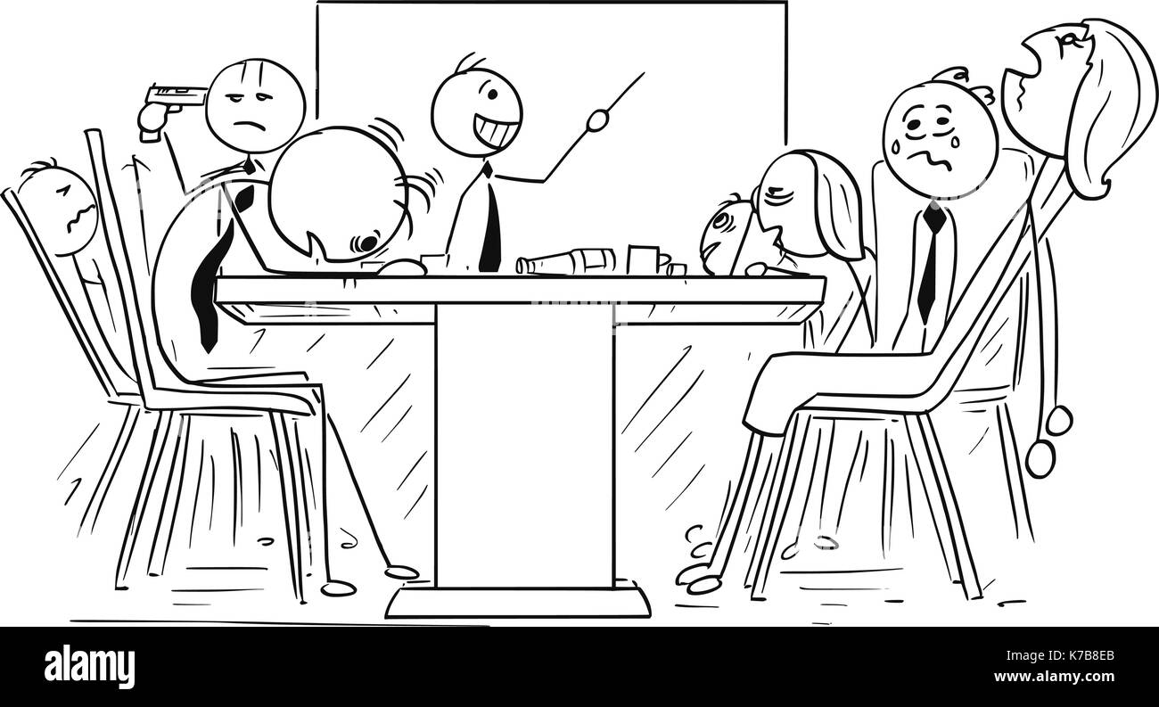 Cartoon stick uomo illustrazione di un gruppo di uomini di affari che stanco e pazza pazza sulla riunione con il boss entusiasta. Illustrazione Vettoriale
