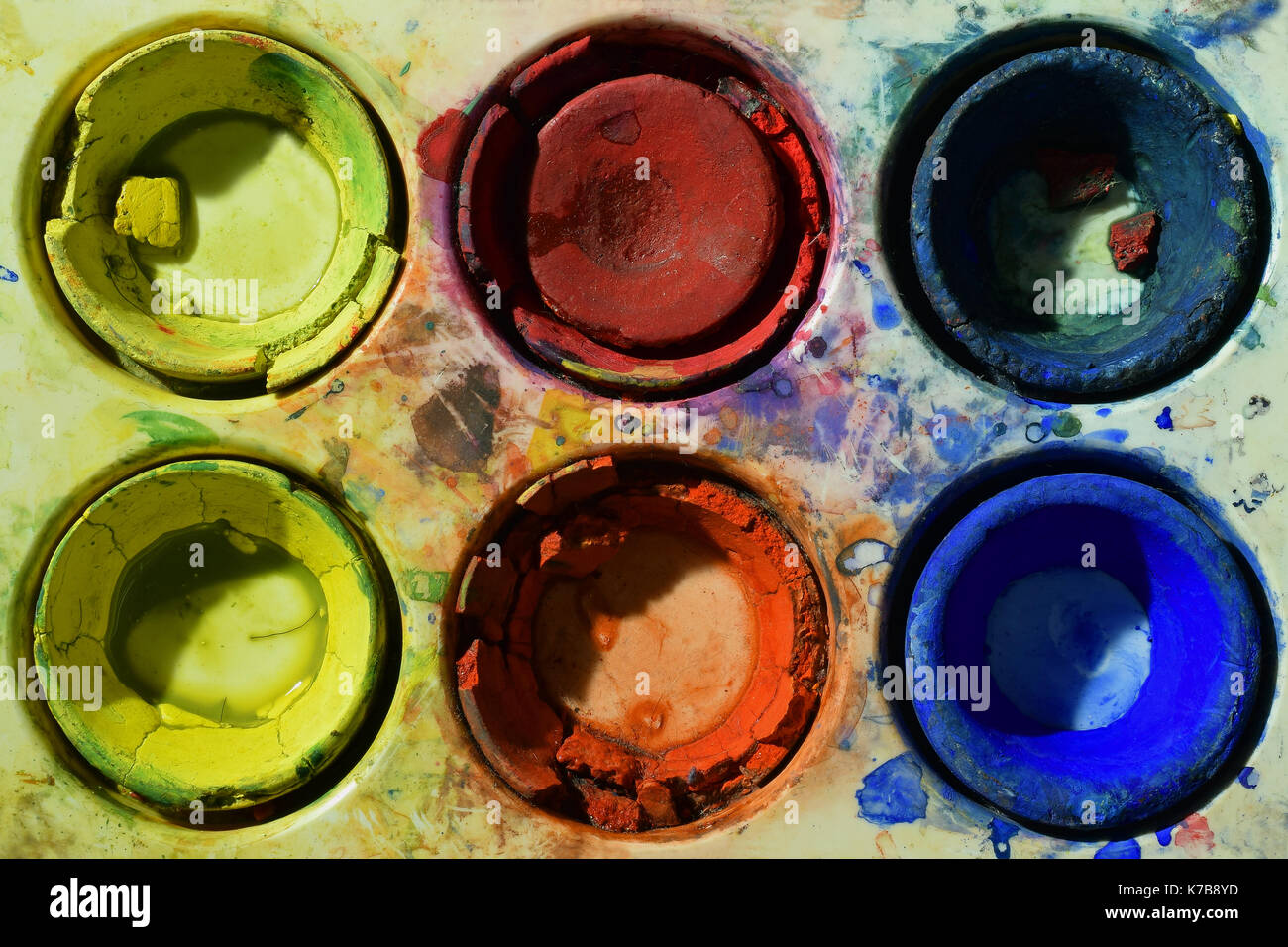 Vecchio usato colori primari acqua vernice colore casella. tettuccio di chiudere l'immagine. Foto Stock