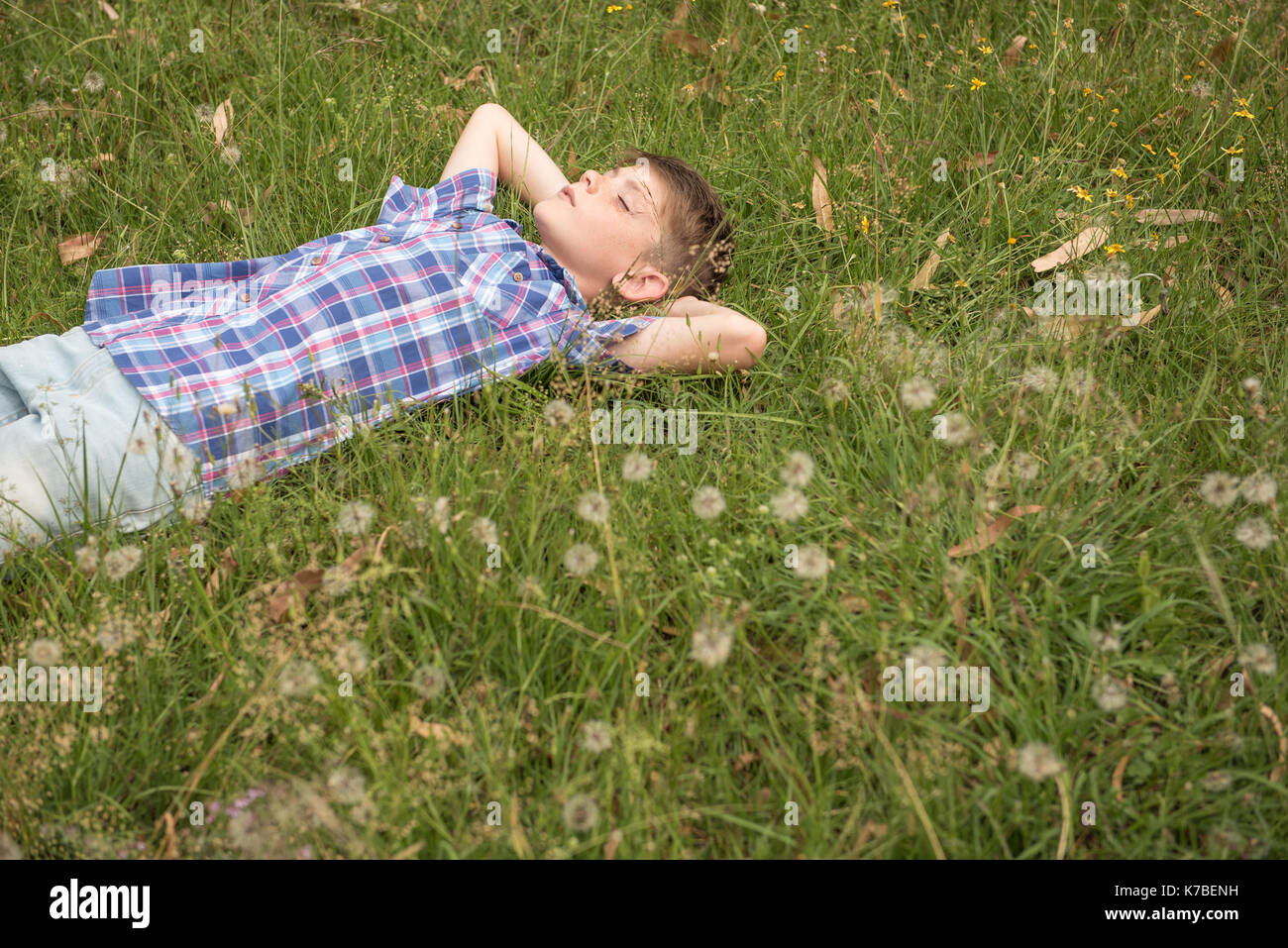 Ragazzo napping sull'erba Foto Stock