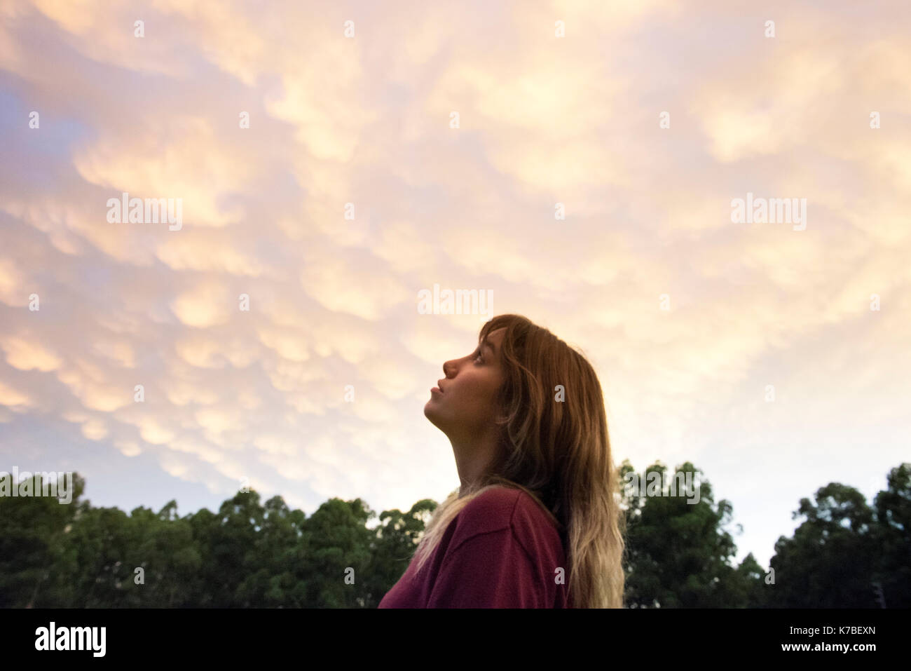 Giovane donna per guardare al cielo di sera Foto Stock