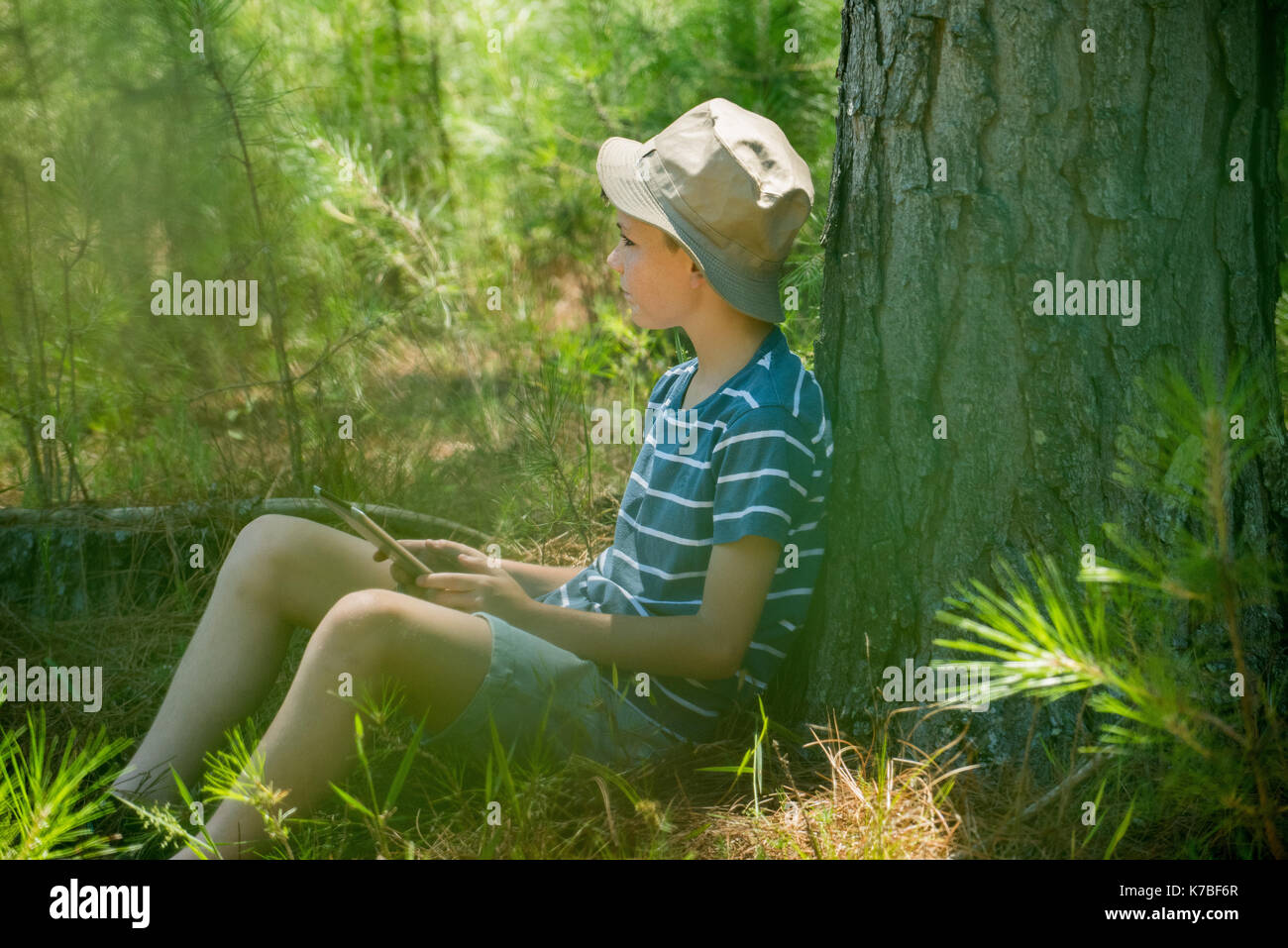 Ragazzo appoggiato contro il tronco di albero con tavoletta digitale in mani Foto Stock