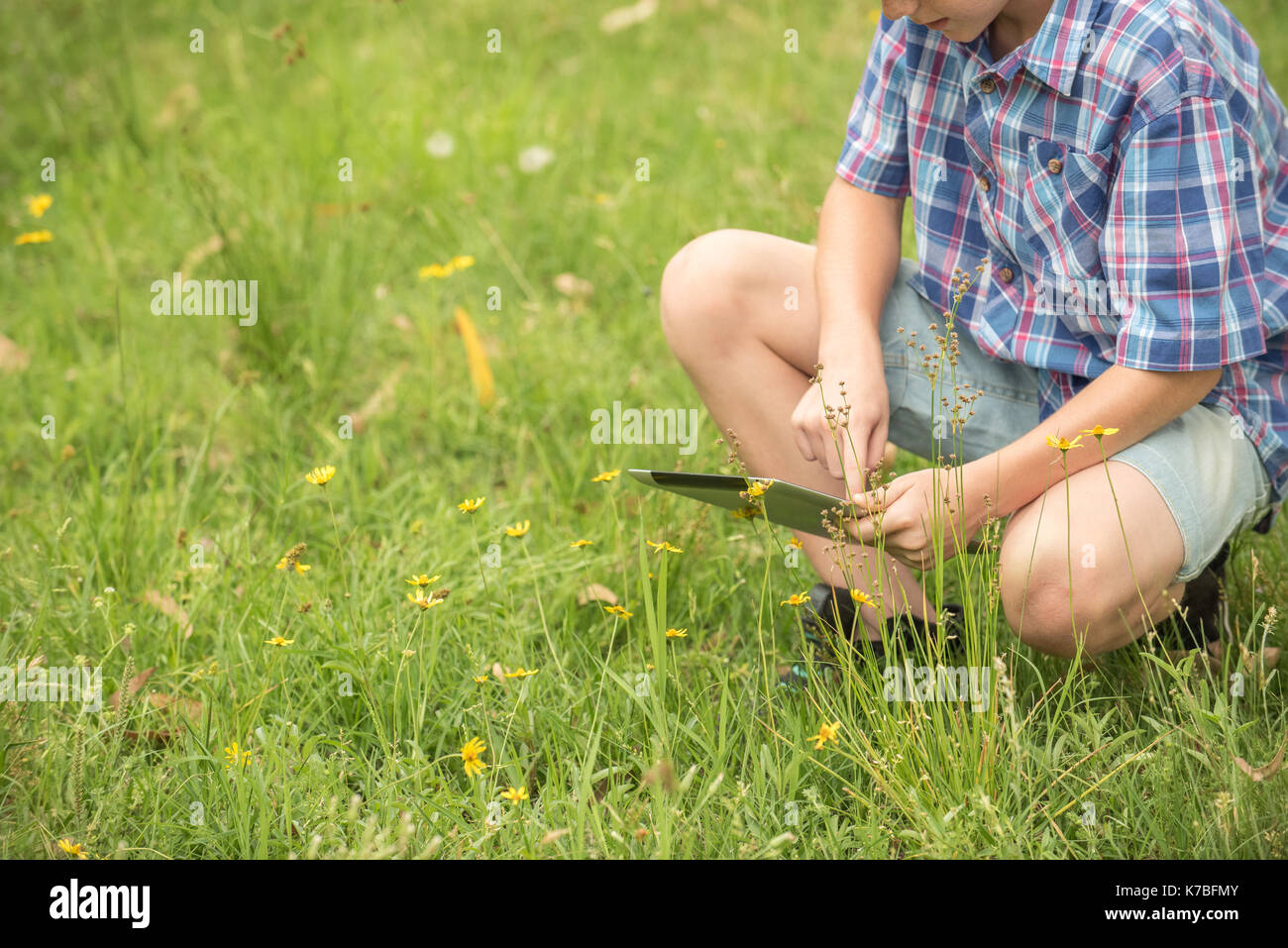 Ragazzo accovacciato in erba, utilizzando tavoletta digitale Foto Stock