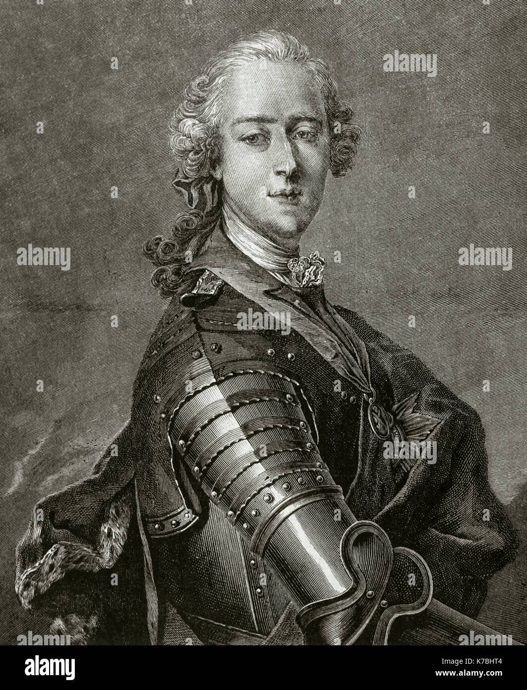 Charles Edward Stuart (1720-1788), noto come il giovane pretendente e il giovane cavaliere. Secondo Giacobita pretendente al trono di Inghilterra, Scozia, Francia e Irlanda, come Carlo III, dalla morte di suo padre nel 1766. Ritratto. Incisione di R. Taylor. Foto Stock