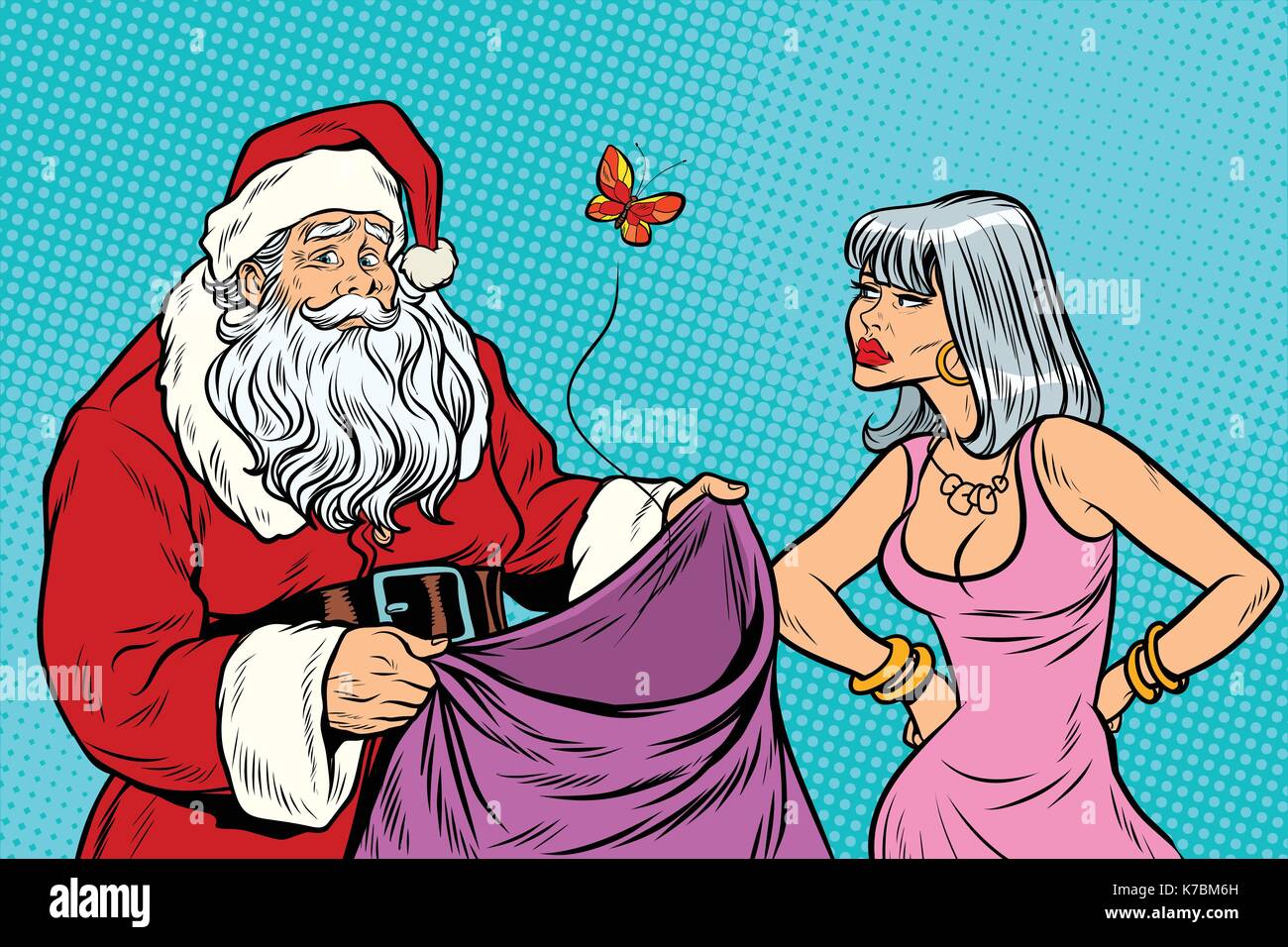 Babbo Natale senza doni e arrabbiato donna. Capodanno e Natale. arte pop retrò illustrazione vettoriale Illustrazione Vettoriale