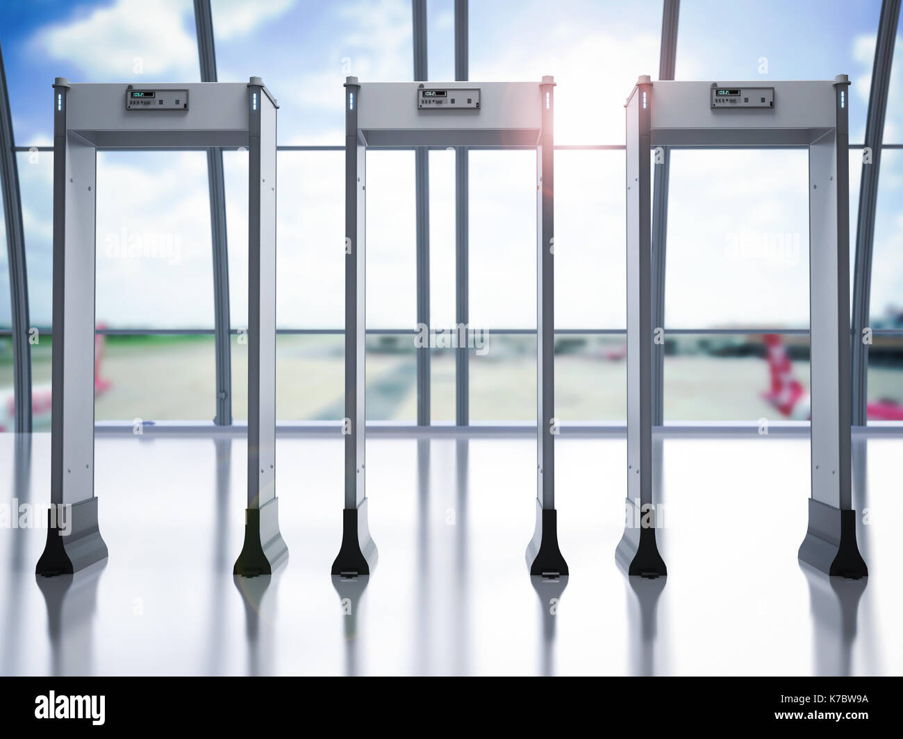 3D rendering cancelli di sicurezza o i rivelatori di metallo in aeroporto Foto Stock
