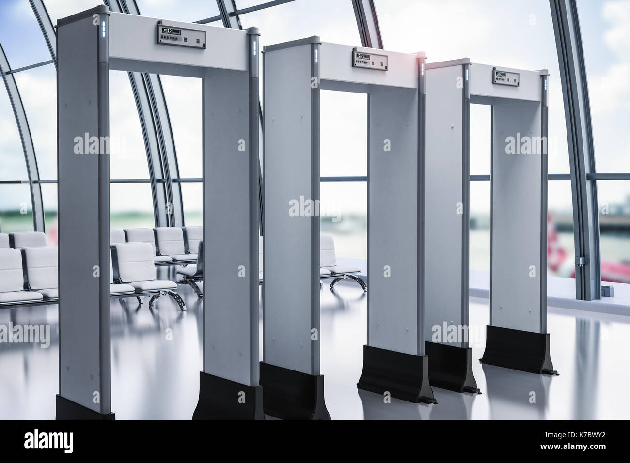 3D rendering cancelli di sicurezza o i rivelatori di metallo in aeroporto Foto Stock