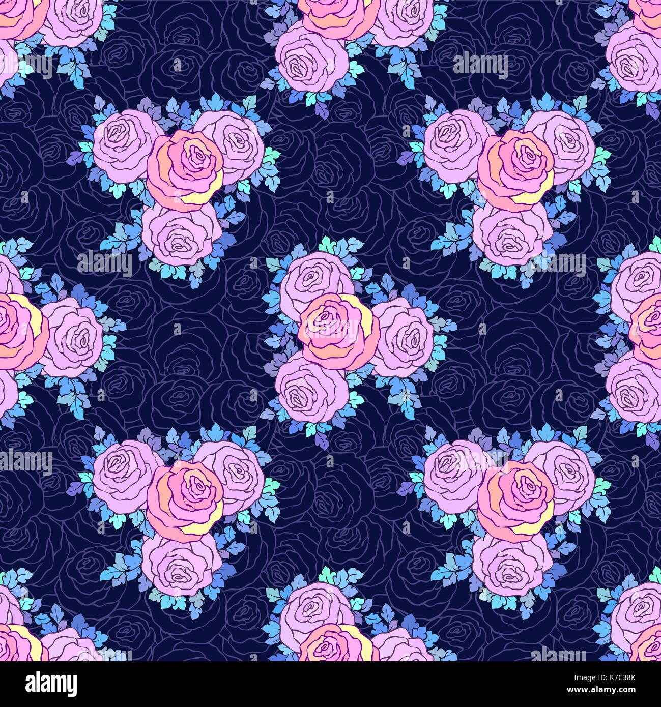Decorazione floreale luminoso dello sfondo con graziosi rose, modello senza cuciture in colori lilla su sfondo blu. Illustrazione Vettoriale