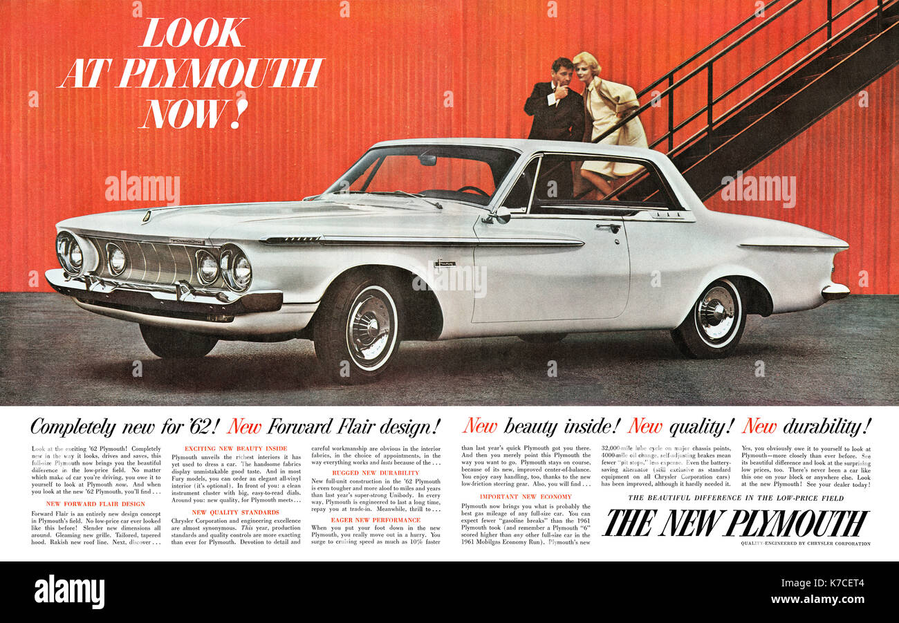 1961 pubblicità negli Stati Uniti per il 1962 Chrysler Plymouth automobile. Foto Stock