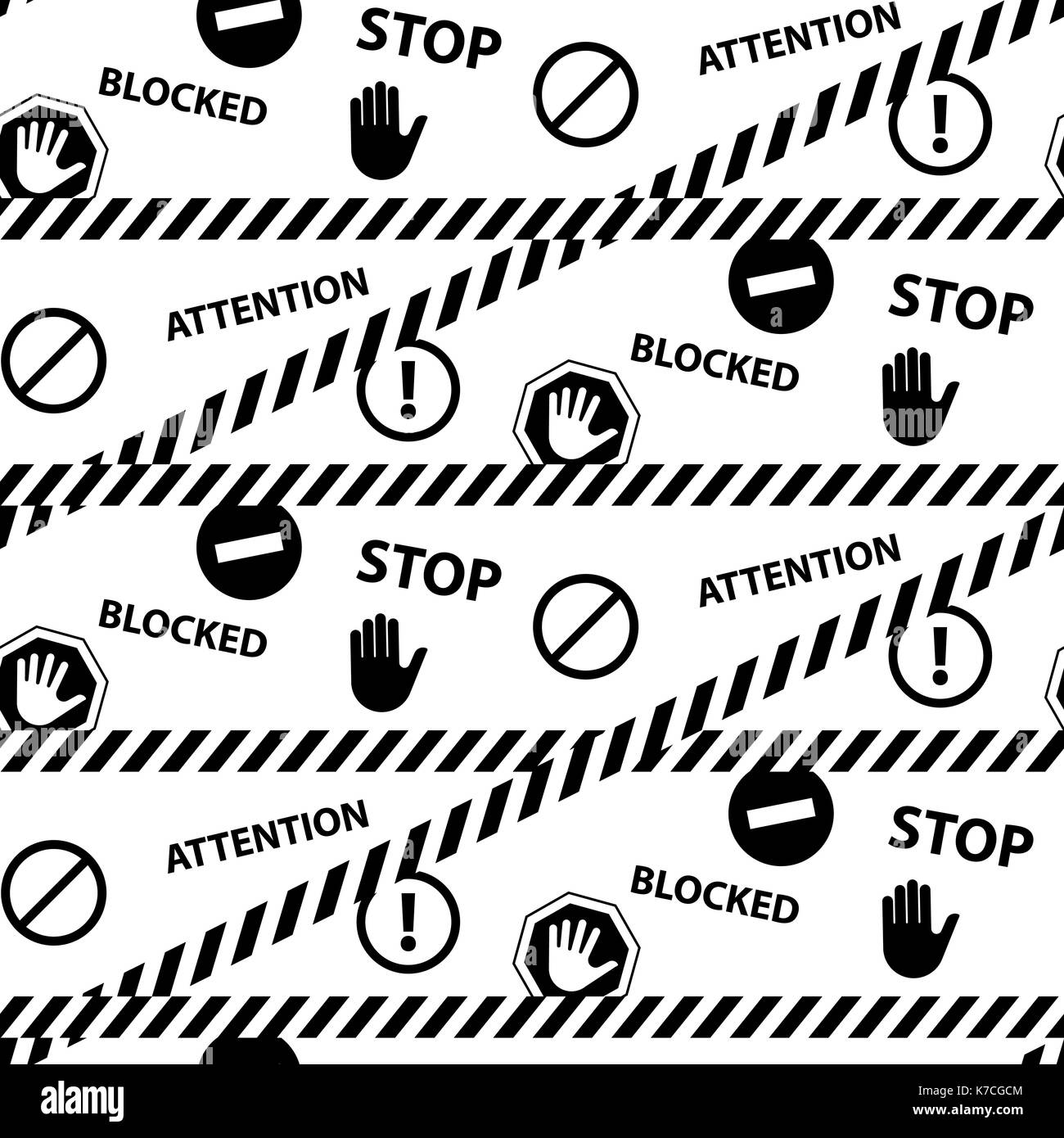 Stop bloccato attenzione pericolo bianco nero seamless pattern. illustrazione vettoriale. Illustrazione Vettoriale