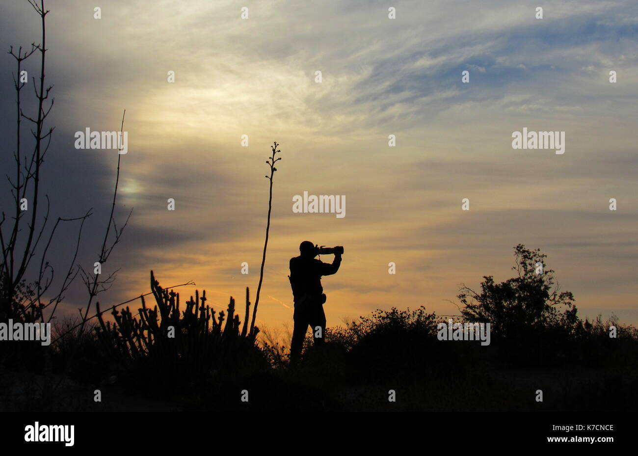 Silhouette di fotografo di scattare una foto con teleobiettivo con il buio e la luce desert sunrise in background Foto Stock