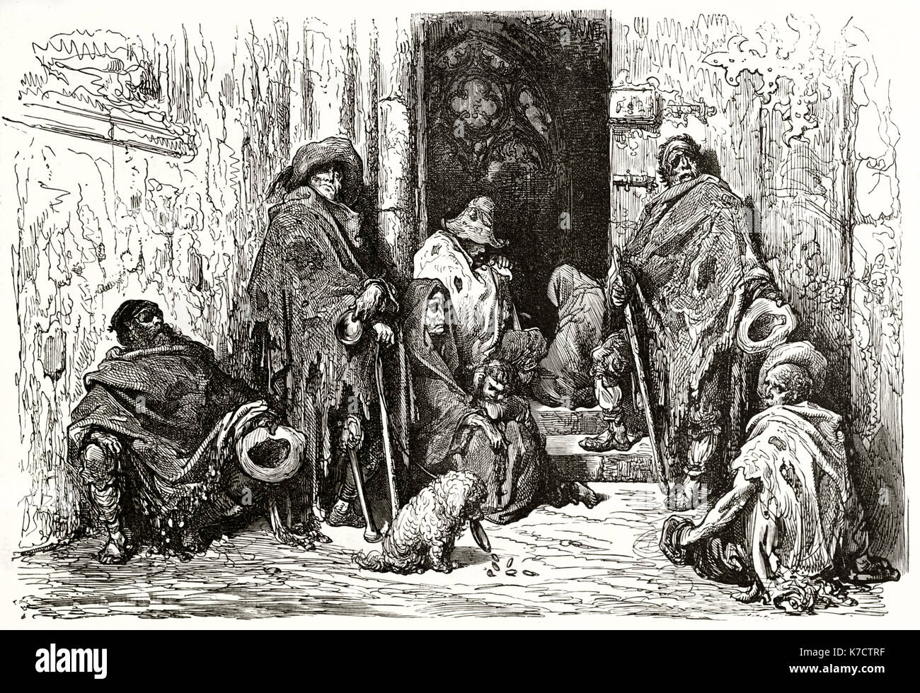 Vecchia immagine raffigurante mendicanti nel chiostro della cattedrale di Barcellona. Da Dore, publ. in Le Tour du Monde, Parigi, 1862 Foto Stock