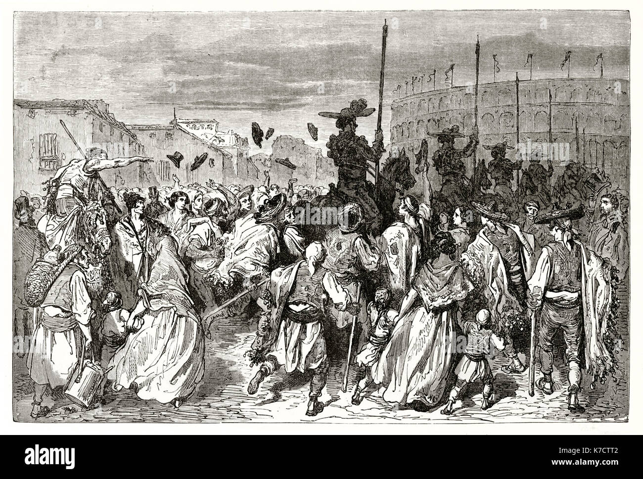 Vecchia immagine raffigurante picadores andando a l'arena, Spagna. Da Dore, publ. in Le Tour du Monde, Parigi, 1862 Foto Stock