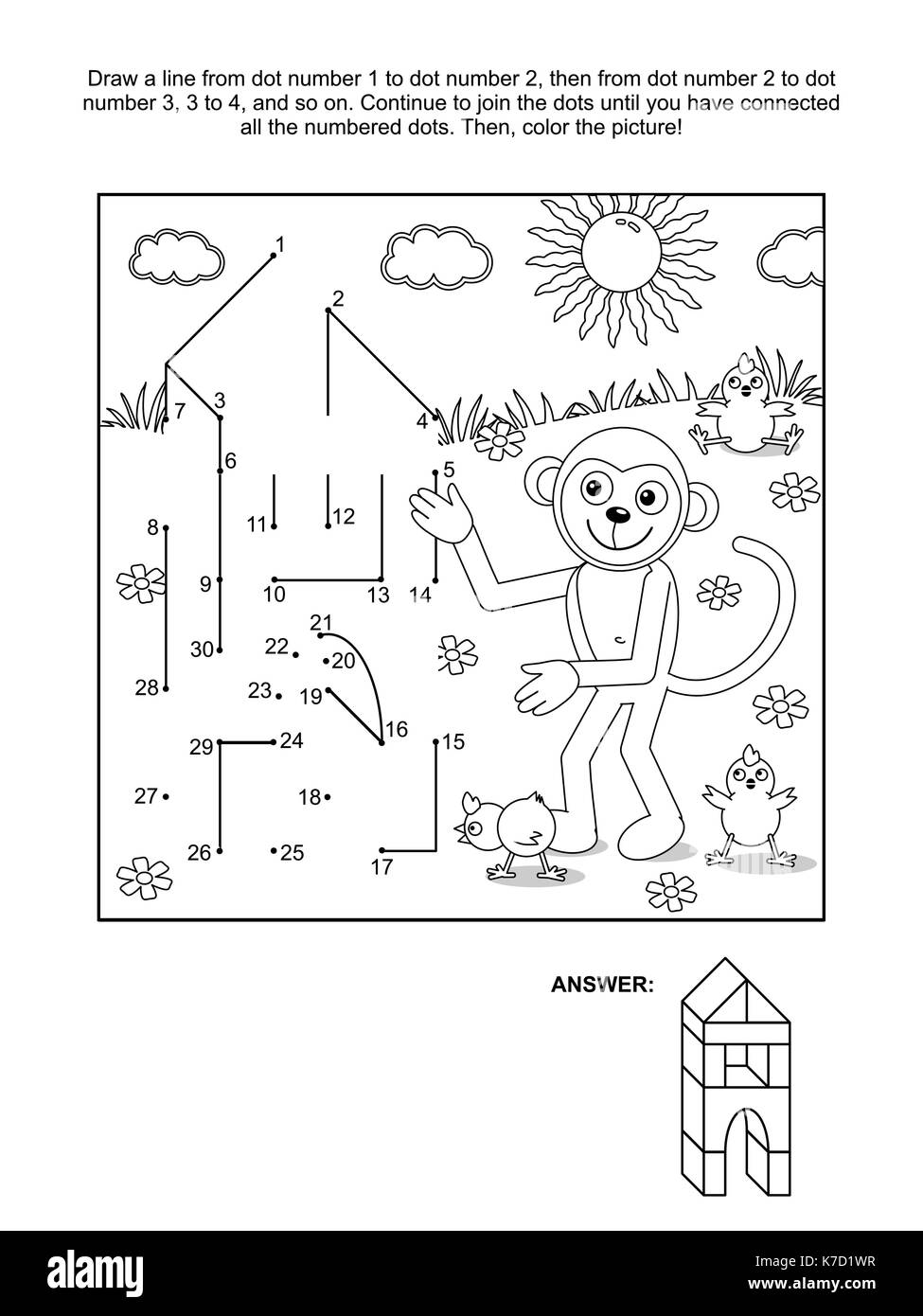 Collegare i puntini rompicapo e la colorazione di pagina - monkey builder. risposta inclusa. Illustrazione Vettoriale