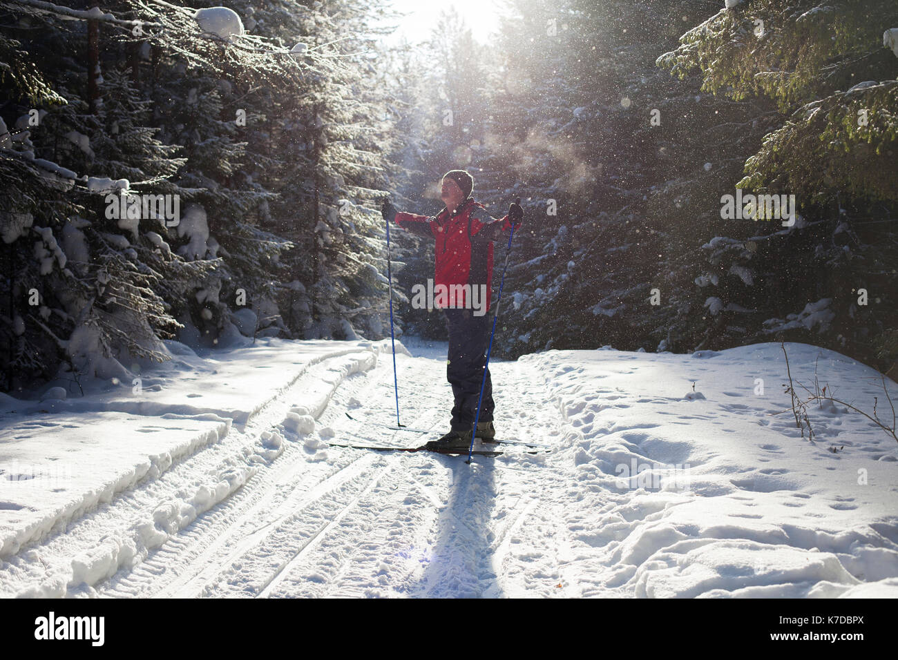 Uomo con attrezzature da sci permanente sulla coperta di neve campo Foto Stock