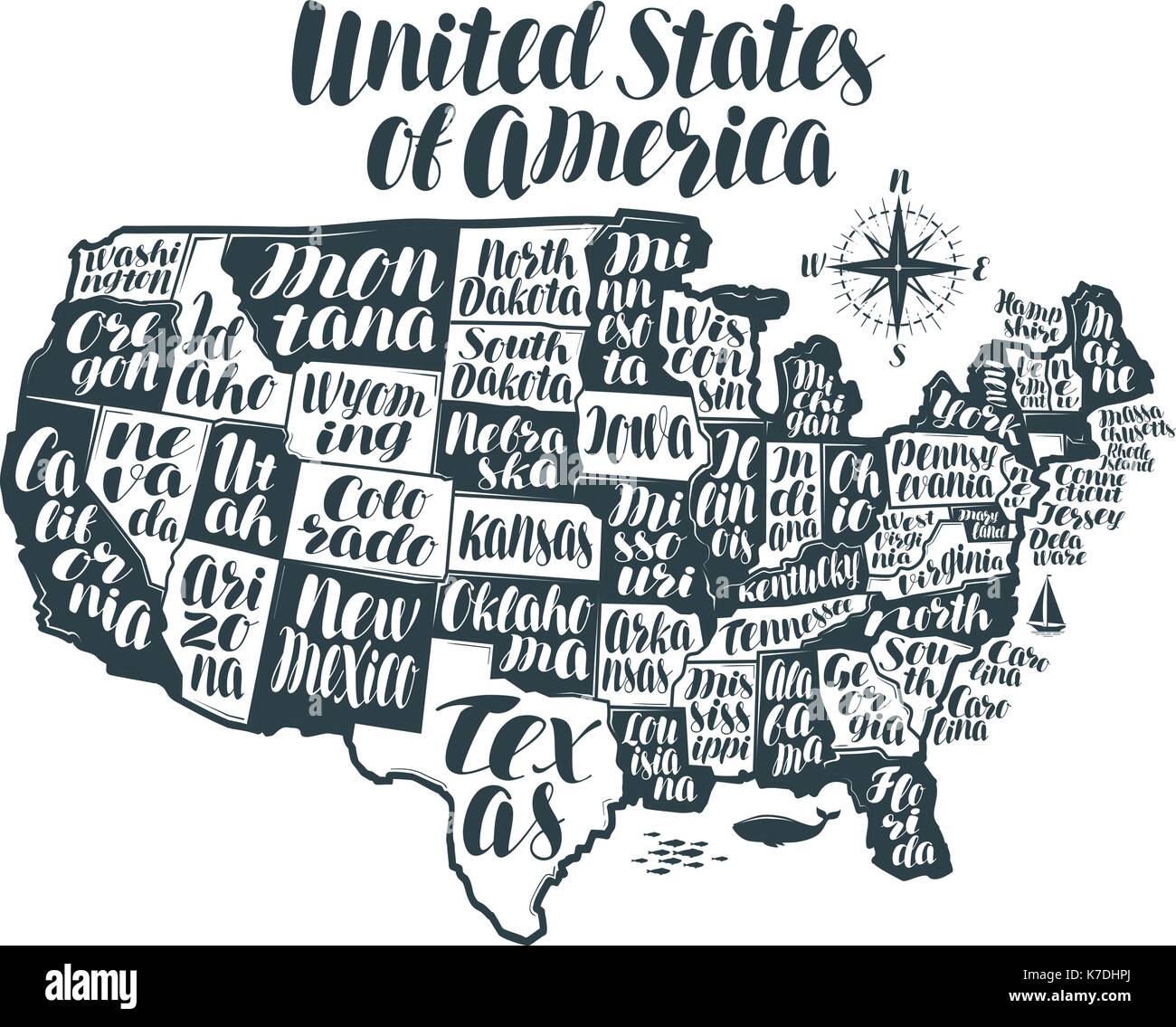 Usa mappa country, Stati Uniti d'America. lettering, disegno tipografica illustrazione vettoriale Illustrazione Vettoriale