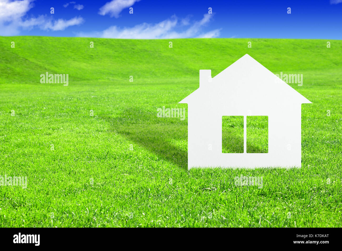 Green home concetto, casa di carta sul campo Foto Stock