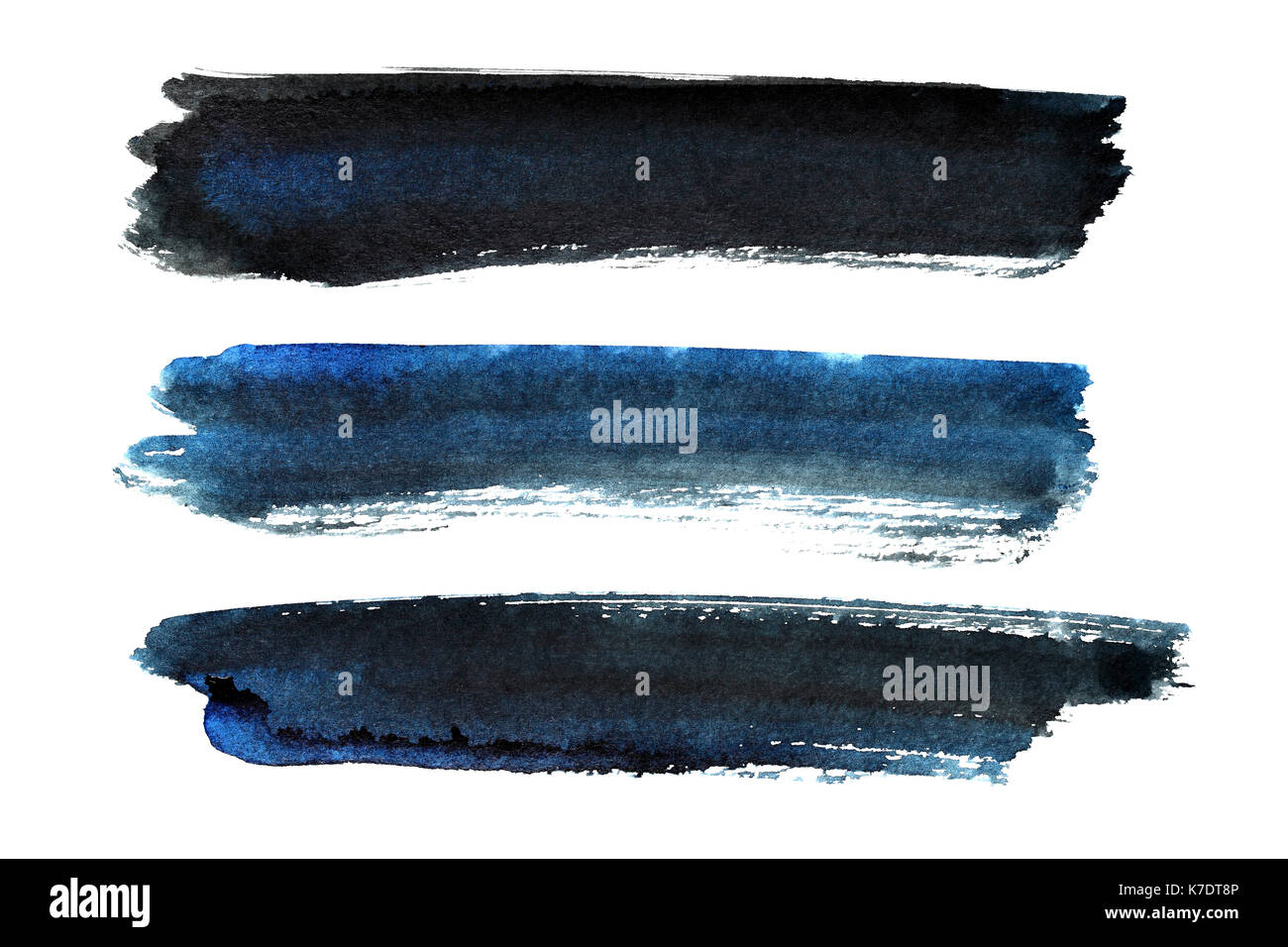 Set di blu-nero pennellate isolati su sfondo bianco Foto Stock