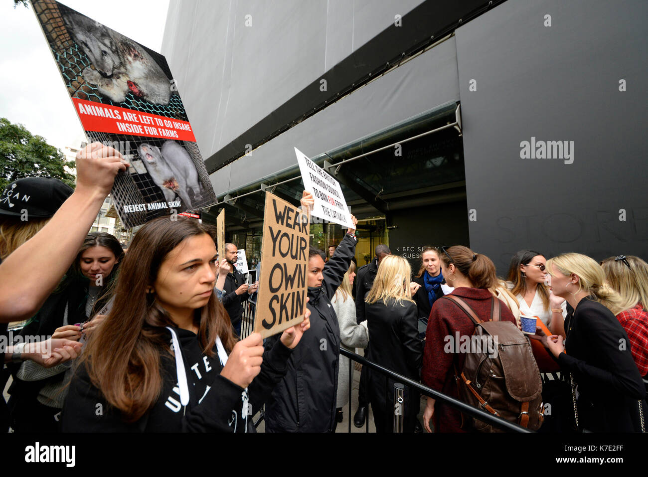 I dimostranti si sono riuniti al di fuori del negozio Studios durante la London Fashion Week di dimostrare i loro sentimenti sull uso della pelliccia. Diritti degli animali protesta Foto Stock