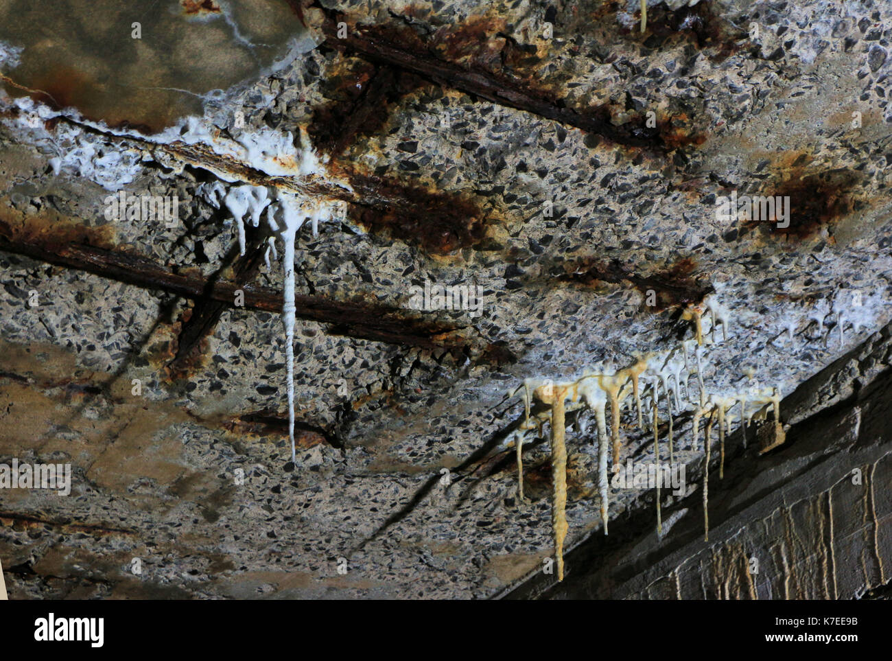 Lime o sale di lisciviazione da un soffitto della cantina in un mulino abbandonato forme strane icicle di formazioni. Foto Stock