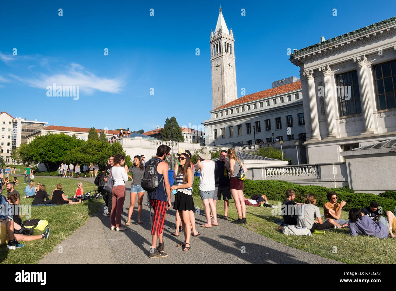 Studenti presso l'Università della California Berkeley campus godendo di una calda giornata di primavera all'aperto sull'erba. La torre del campanile è in background Foto Stock