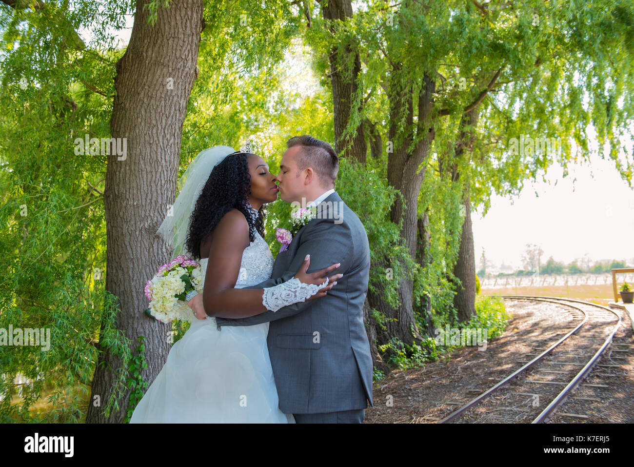 Sposi novelli kissing su un treno via sotto gli alberi, interracial wedding Foto Stock