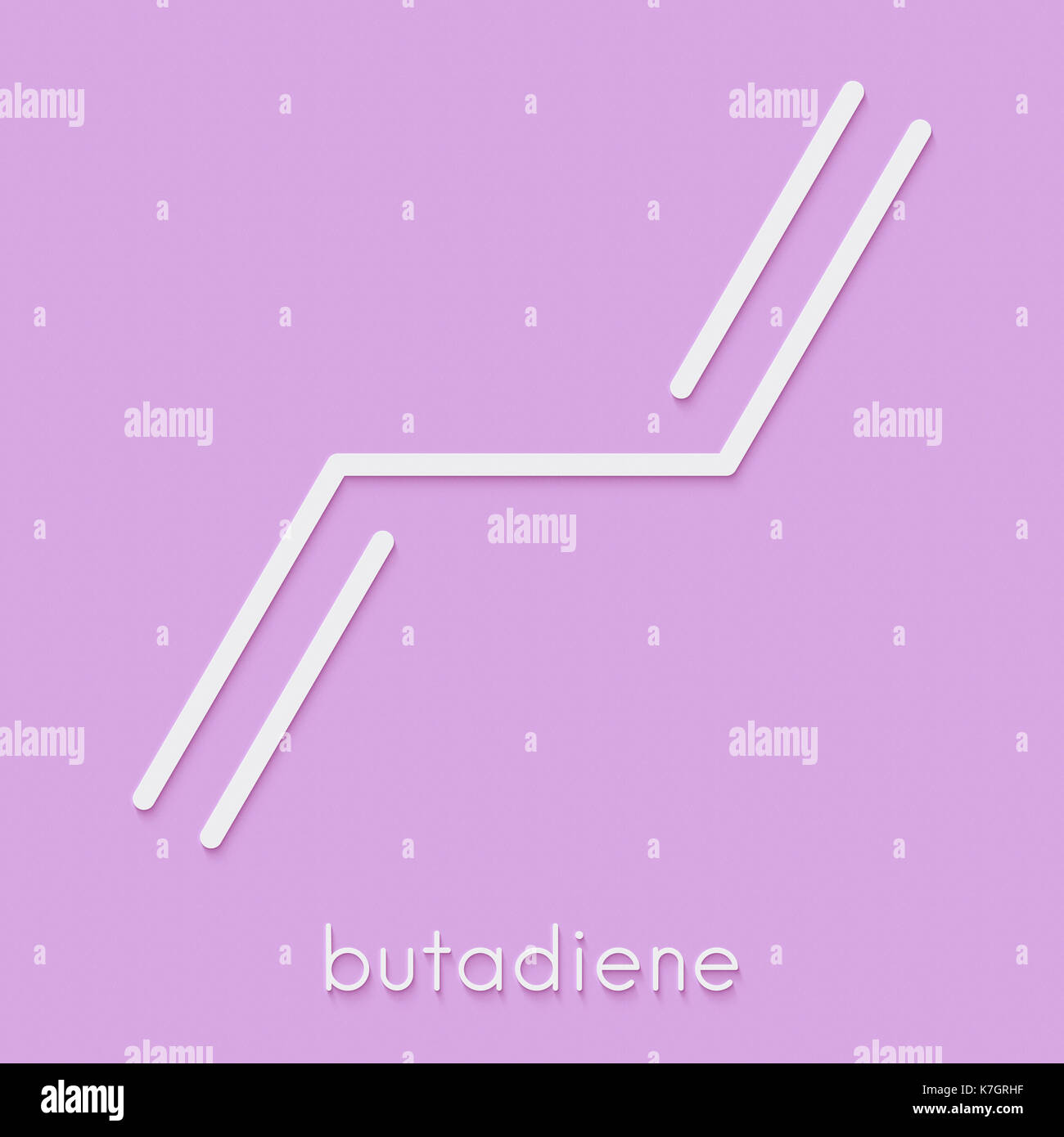 Il butadiene (1,3-butadiene) la gomma sintetica building block molecola. utilizzato nella sintesi di polibutadiene, abs e altri materiali polimerici. fo scheletrico Foto Stock Il butadiene (1,3-butadiene) la gomma sintetica building block molecola. utilizzato nella sintesi di polibutadiene, abs e altri materiali polimerici. fo scheletrico Foto Stock