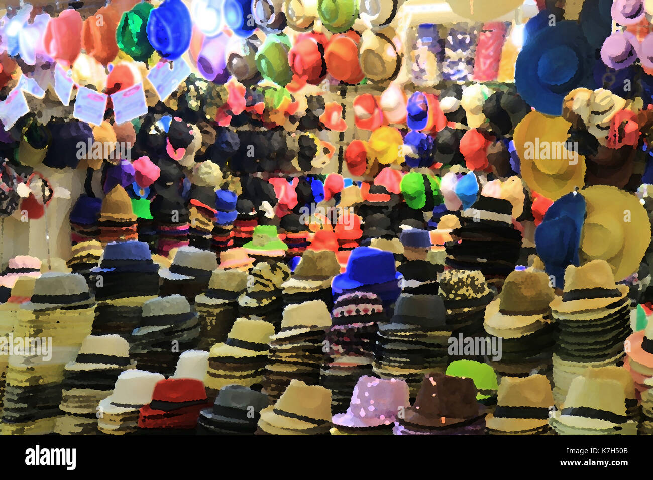 Immagine sfocata di innumerevoli cappelli colorati e molti di cappello pile in un cappello shop per lo sfondo Foto Stock
