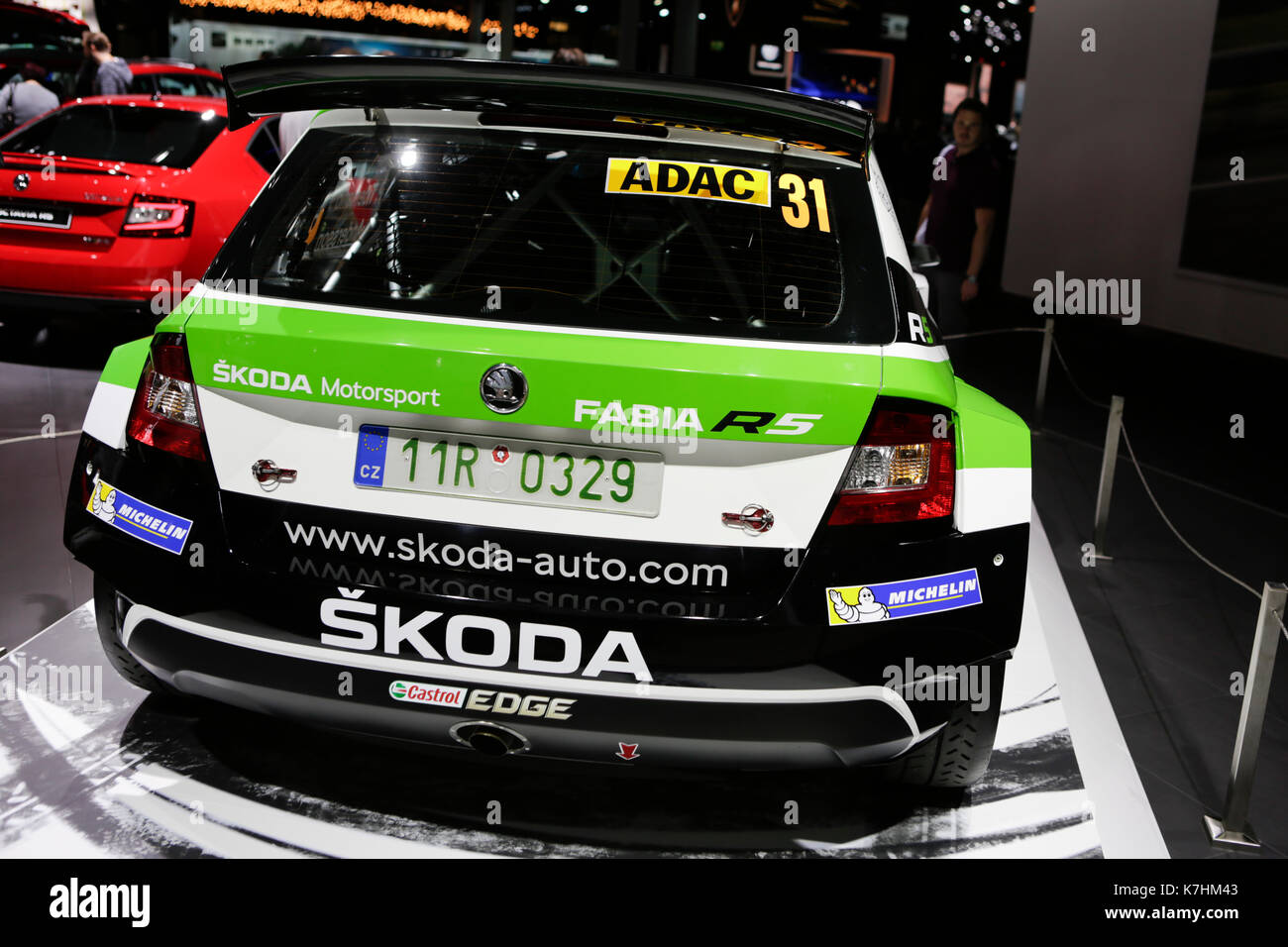 Francoforte, Germania. Il 15 settembre 2017. La Repubblica ceca il costruttore di auto Skoda, parte del gruppo Volkswagen presenta la Skoda Fabia r5 rally car del Rally di Svezia conducente pontus tidemand al 67. iaa. 67. internationale automobil-ausstellung (IAA di Francoforte è con oltre 1000 espositori uno del motore più grande mostra in tutto il mondo. La mostra sarà aperta per il pubblico in generale dal XVI fino al 24 settembre. Foto Stock