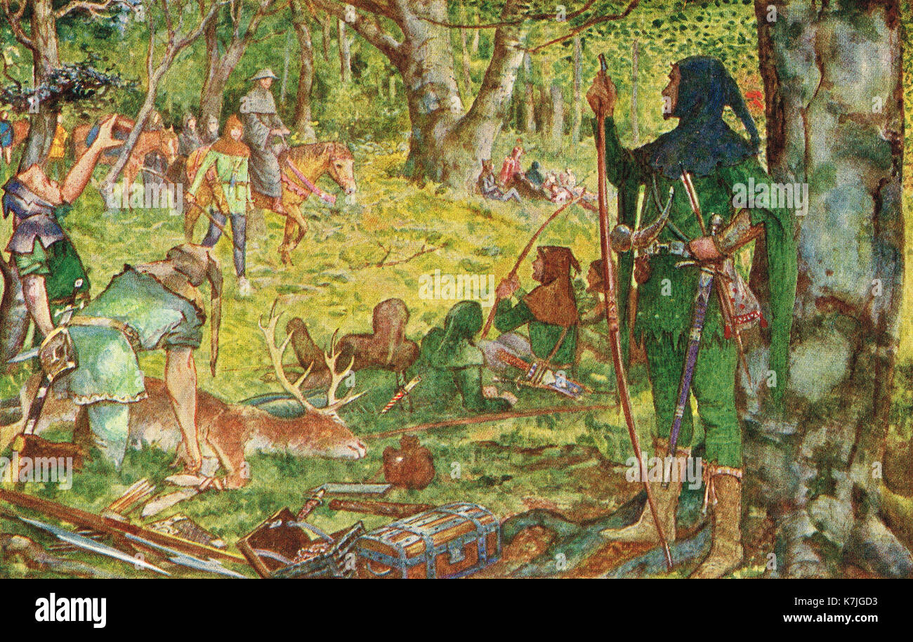 Re richard i, dissimulata come un abate, immettendo la Foresta di Sherwood, guardato da Robin Hood & il suo allegro uomini Foto Stock