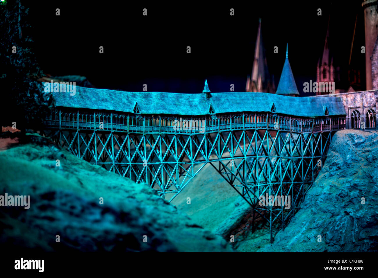 Un modello di Hogwarts ponte in Warner brothers harry potter studio tour, Londra Foto Stock