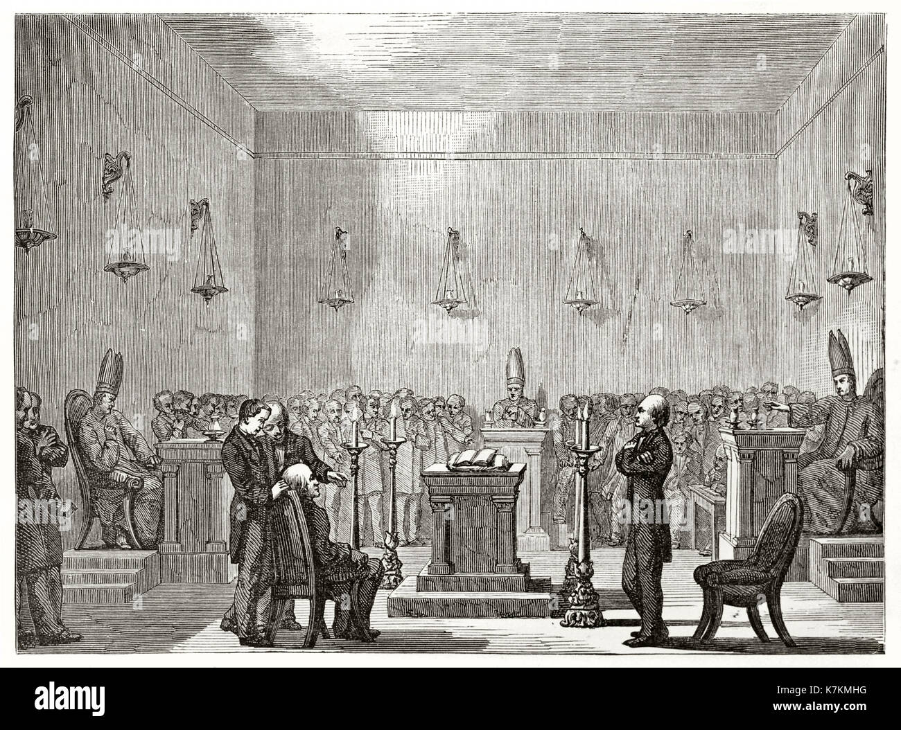 Vecchia immagine raffigurante un debuttante accettazione in un mormone chiesa.da David dopo Bennett, publ. in Le Tour du Monde, Parigi, 1862 Foto Stock