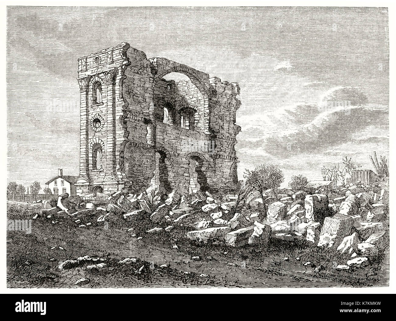 Vecchio vista il Tempio di Nauvoo rovine, Illinois. Da Ferogio dopo Remy, publ. in Le Tour du Monde, Parigi, 1862 Foto Stock
