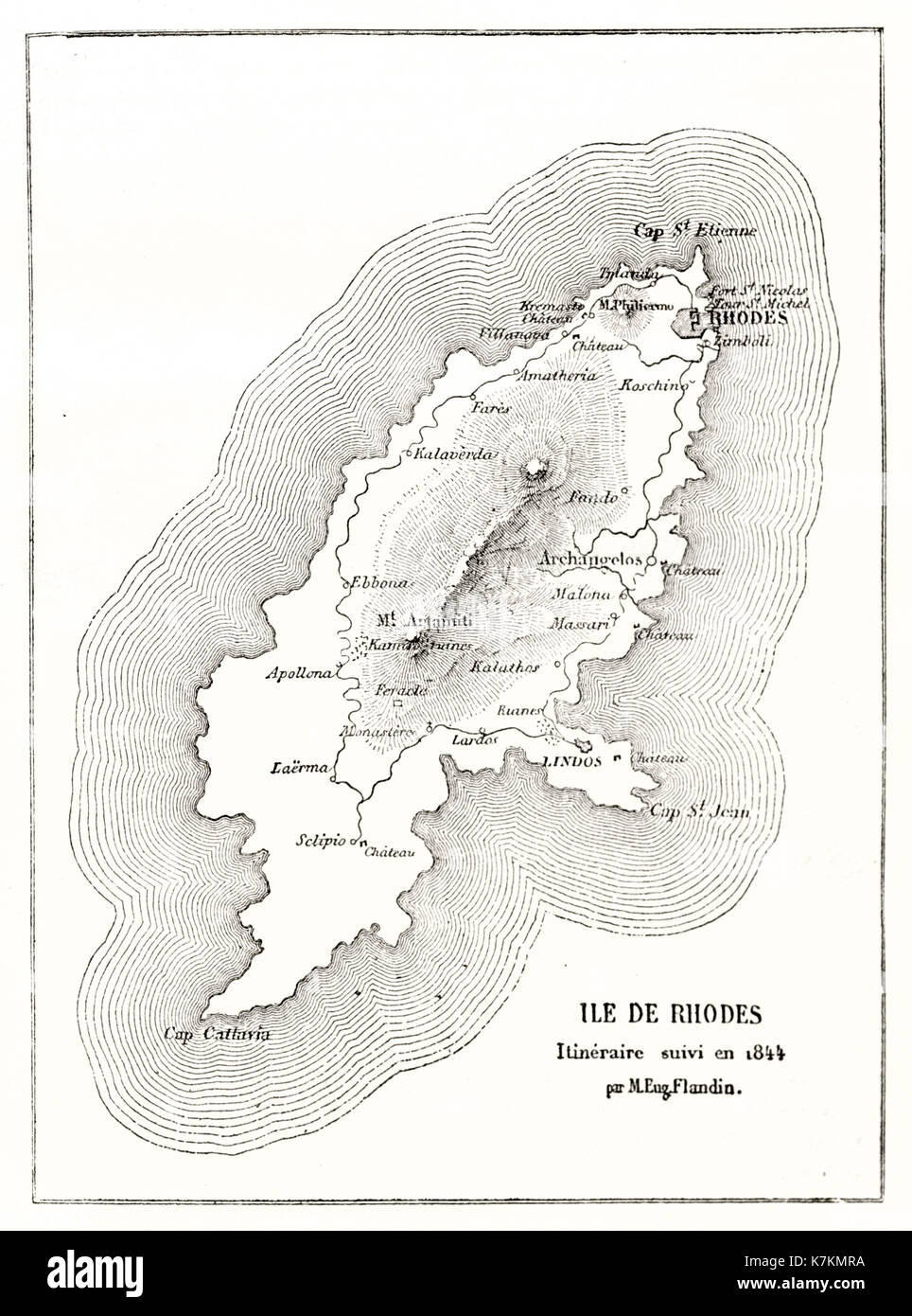 Mappa vecchia dell'isola di Rodi. Da Flandin, publ. in Le Tour du Monde, Parigi, 1862 Foto Stock