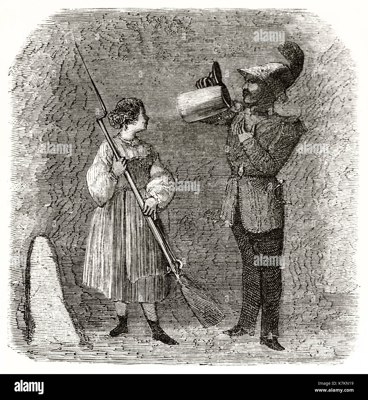 Vecchia illustrazione di un soldato di bere birra di Monaco di Baviera. Dal Lancelot, publ. in Le Tour du Monde, Parigi, 1862 Foto Stock