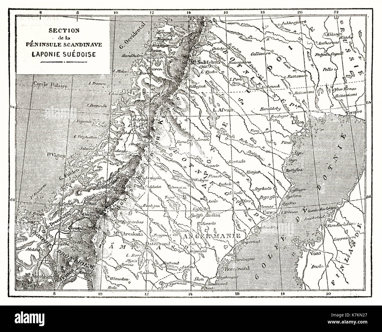 Mappa vecchia della Lapponia svedese. Da autore non identificato, publ. in Le Tour du Monde, Parigi, 1862 Foto Stock