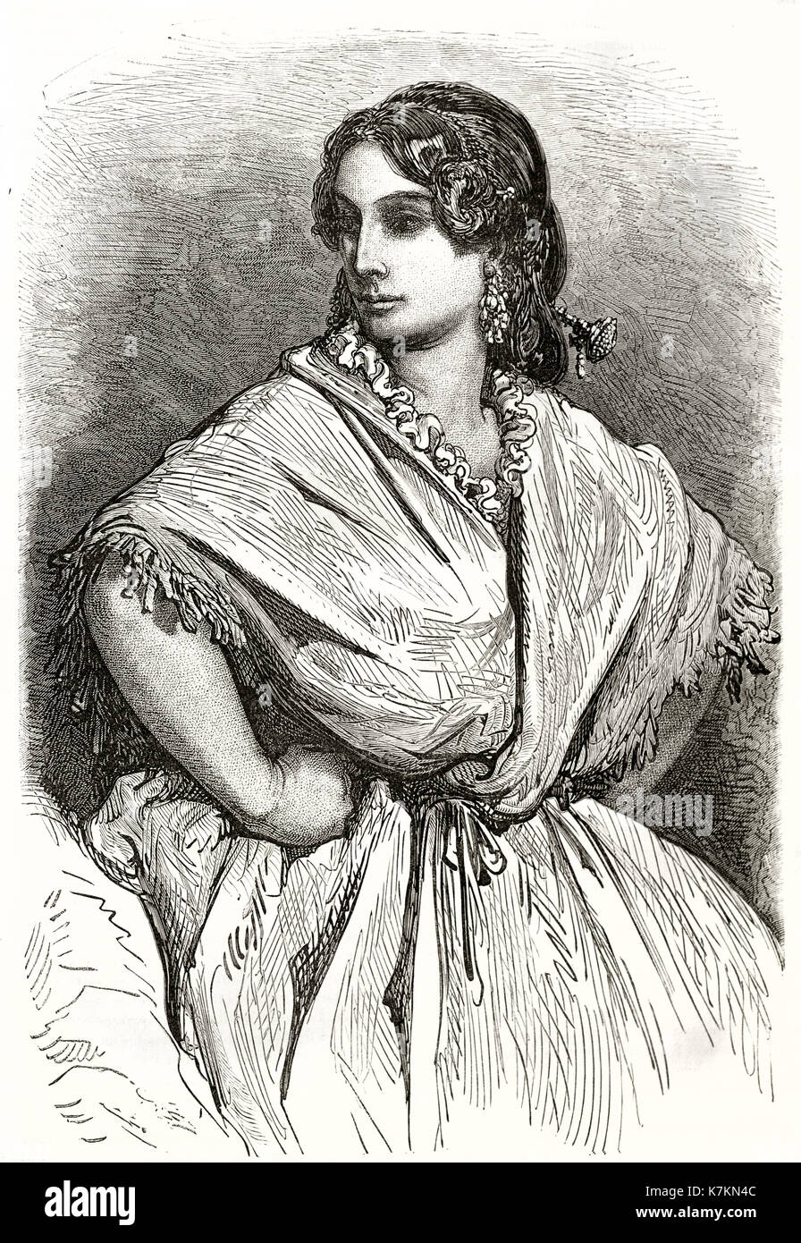 Vecchio inciso il ritratto di una ragazza di Valencia, Spagna. Da Dore, publ. in Le Tour du Monde, Parigi, 1862 Foto Stock