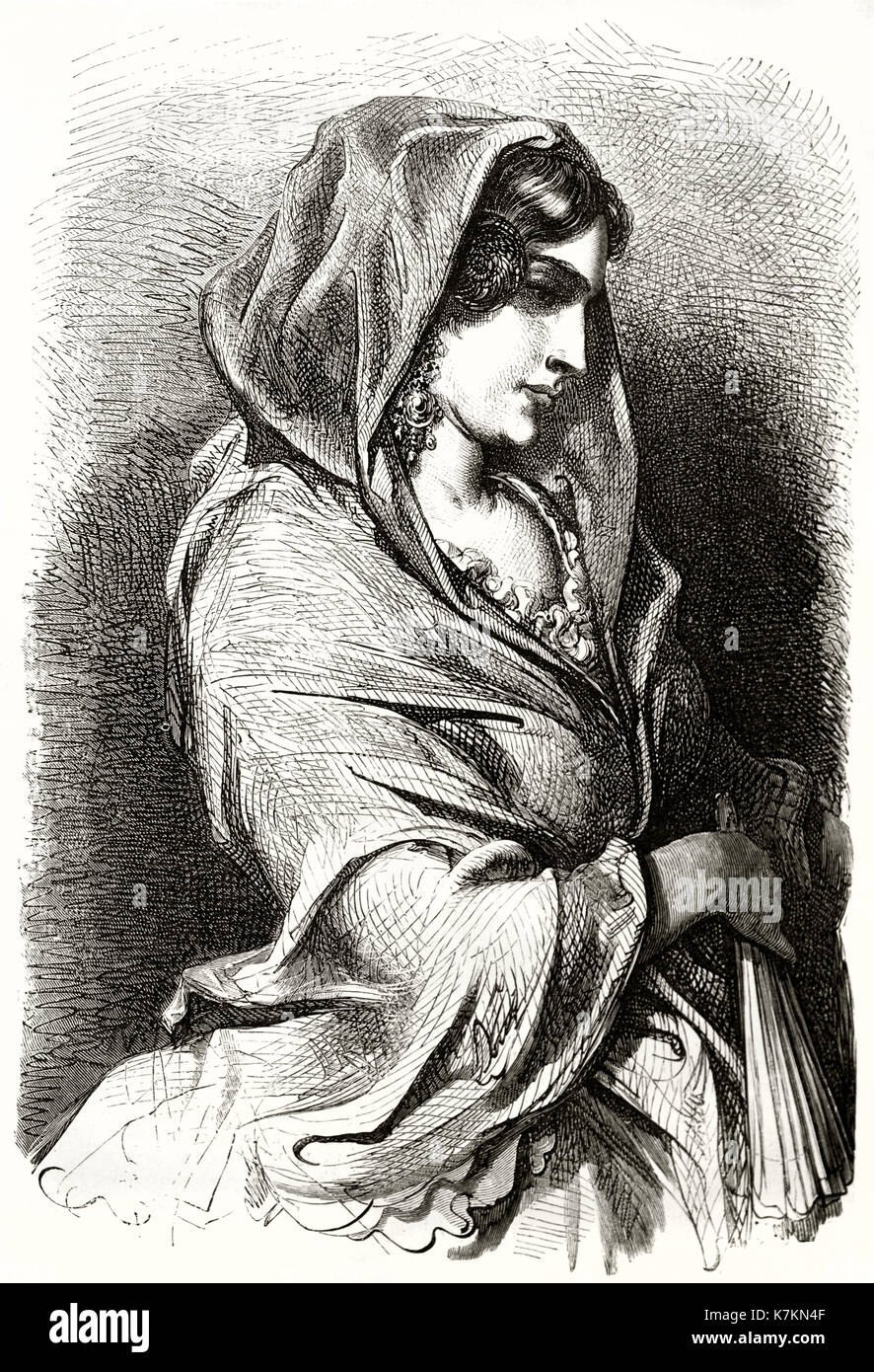 Vecchio inciso il ritratto di una ragazza di Valencia, Spagna. Da Dore, publ. in Le Tour du Monde, Parigi, 1862 Foto Stock