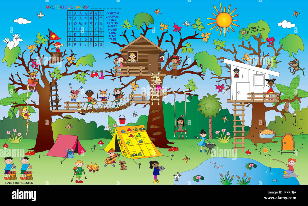 Paesaggio con alcuni piccoli giochi per i bambini: il cruciverba, trovare le differenze, trovare la farfalla, sudoku; Pittura e unire i puntini. Foto Stock